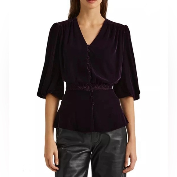 Ralph Lauren Women’s Deep Purple Velvet Button Front Puff Sleeve Top Jacket NWT